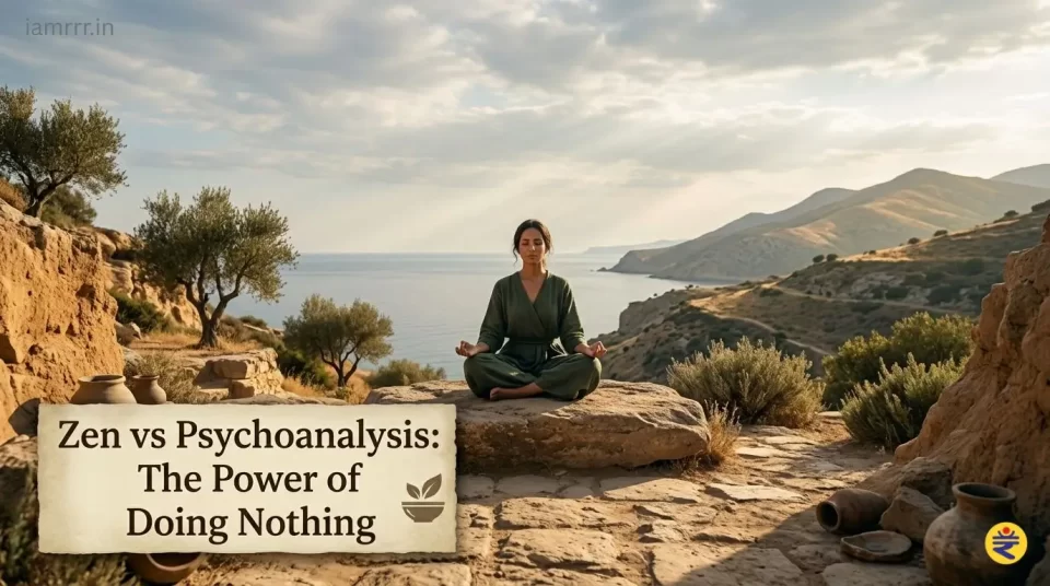 solitary person sitting peacefully under vast sky symbolizing zen meditation silence and healing without psychoanalysis