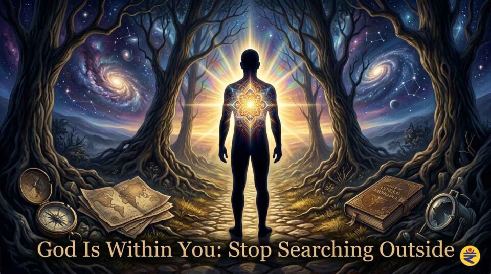 human silhouette with glowing light inside chest symbolizing God within and inner spiritual awakening