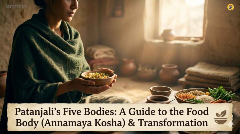 human body layers glowing energy fields representing Patanjali five bodies and annamaya kosha in yoga