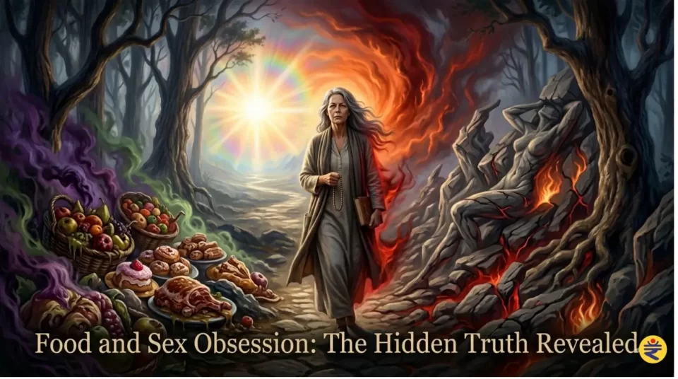 split image of person craving food and fire energy symbolizing sex repression and food obsession psychological connection
