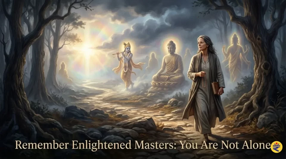 lone spiritual seeker walking toward light with silhouettes of enlightened masters guiding symbolizing spiritual path and inner guidance