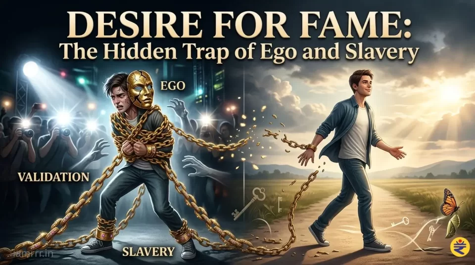 person removing mask in dramatic light symbolizing freedom from ego and desire for fame