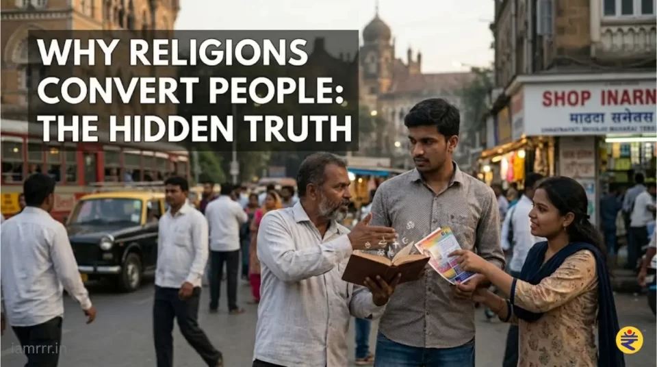 crowd following religious leader with lone person standing apart symbolizing why religions convert people and belief psychology