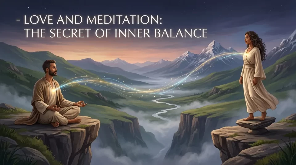 couple separated in peaceful nature symbolizing balance between love and meditation togetherness and solitude