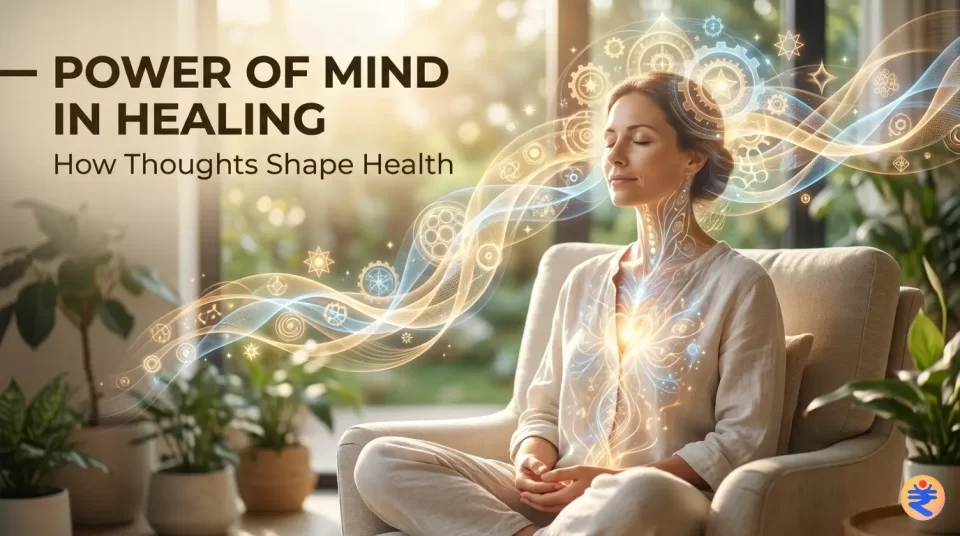 human silhouette with glowing brain and energy flowing through body symbolizing power of mind in healing and consciousness