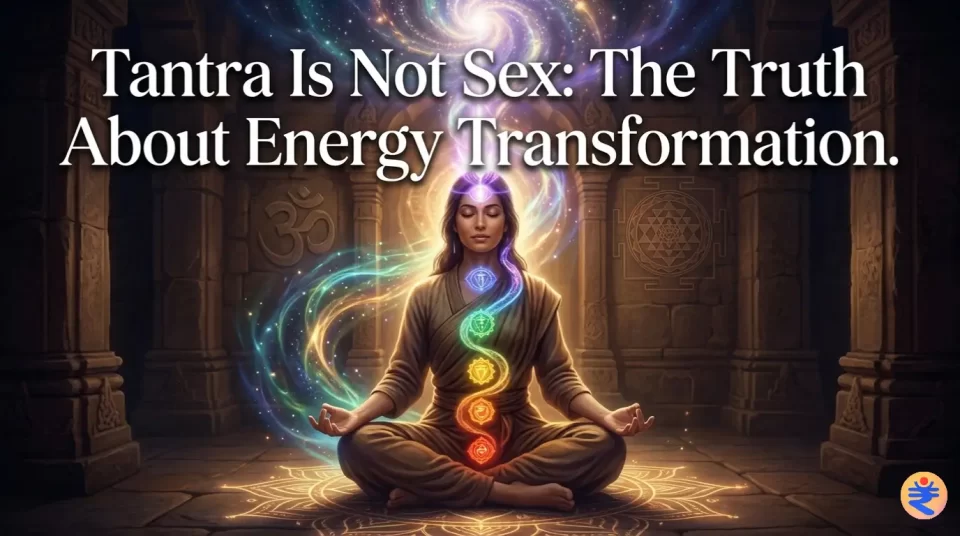 meditating figure with rising energy from lower body to crown symbolizing tantra transformation of sexual energy into consciousness