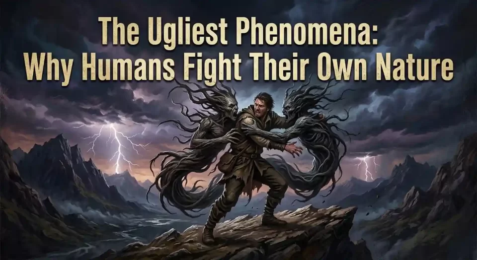 human figure in inner conflict symbolizing the ugliest phenomenon of fighting one's own nature with spiritual awakening light