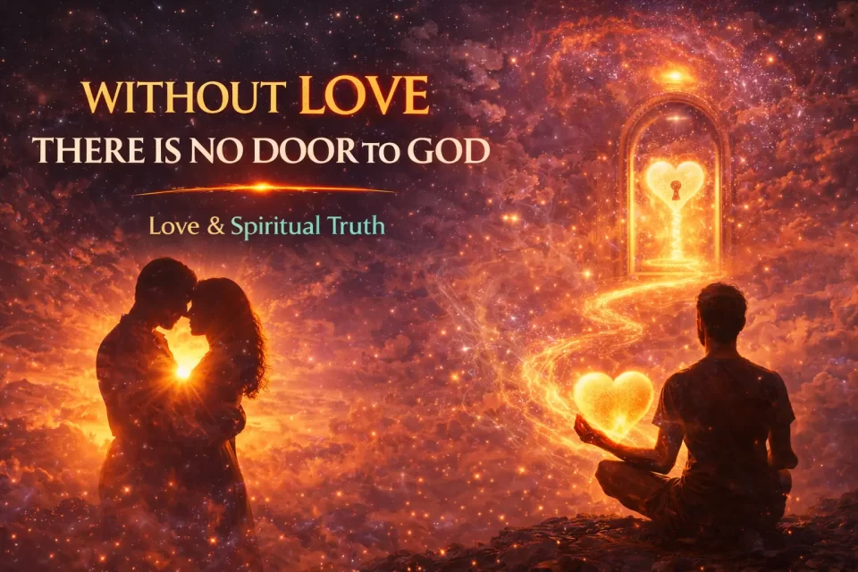 love as the doorway to God spiritual concept with glowing heart and meditation