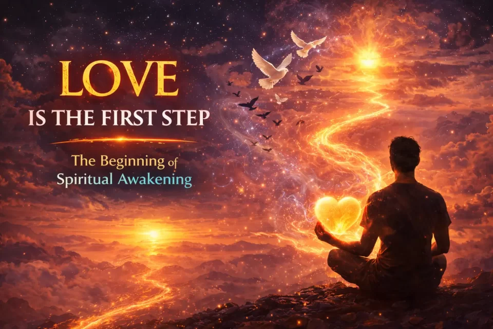 meditating person holding a glowing heart with a path of light leading to spiritual awakening symbolizing love as the first step