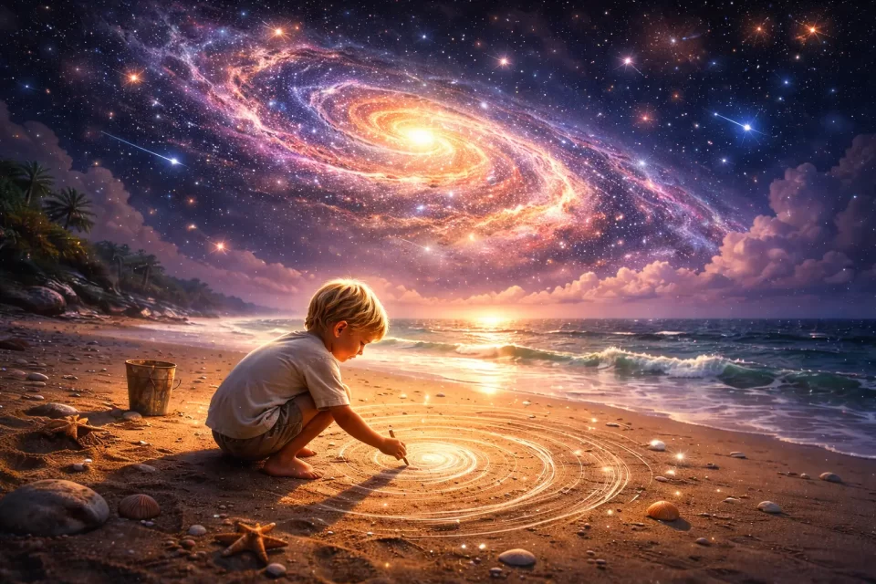 child creating the universe in sand representing divine play and innocence