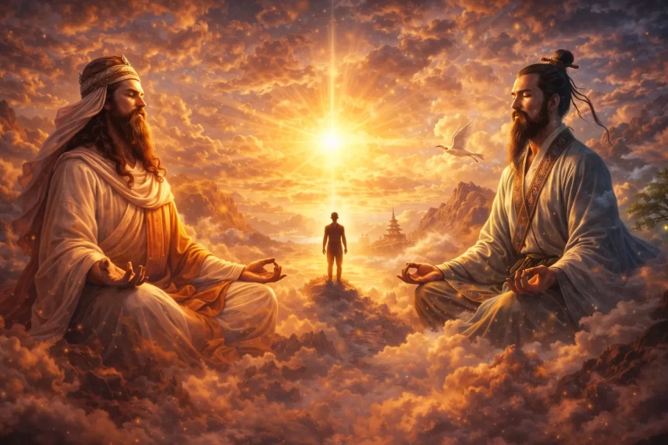 Zarathustra and Chuang Tzu meditating in a golden sunrise symbolizing the philosophy that easy is right and right is easy