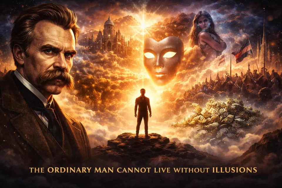 Friedrich Nietzsche concept art showing a man surrounded by illusions symbolizing the idea that the ordinary man cannot live without illusions