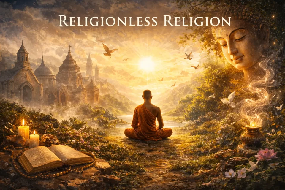 religionless religion concept showing meditation beyond temples and religious symbols