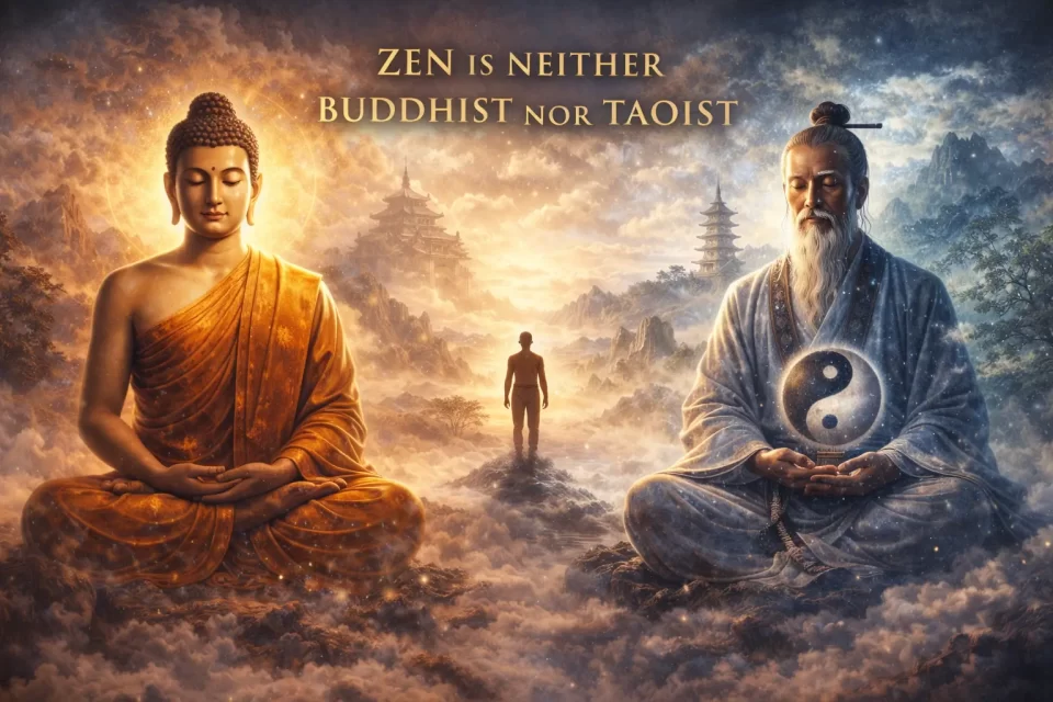 Buddha and Lao Tzu meditating with a seeker between them symbolizing Zen as the meeting of Buddhism and Taoism
