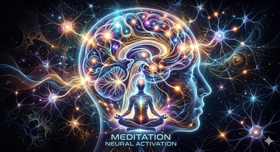 Abstract illustration of meditation brain science showing neural pathway activation"